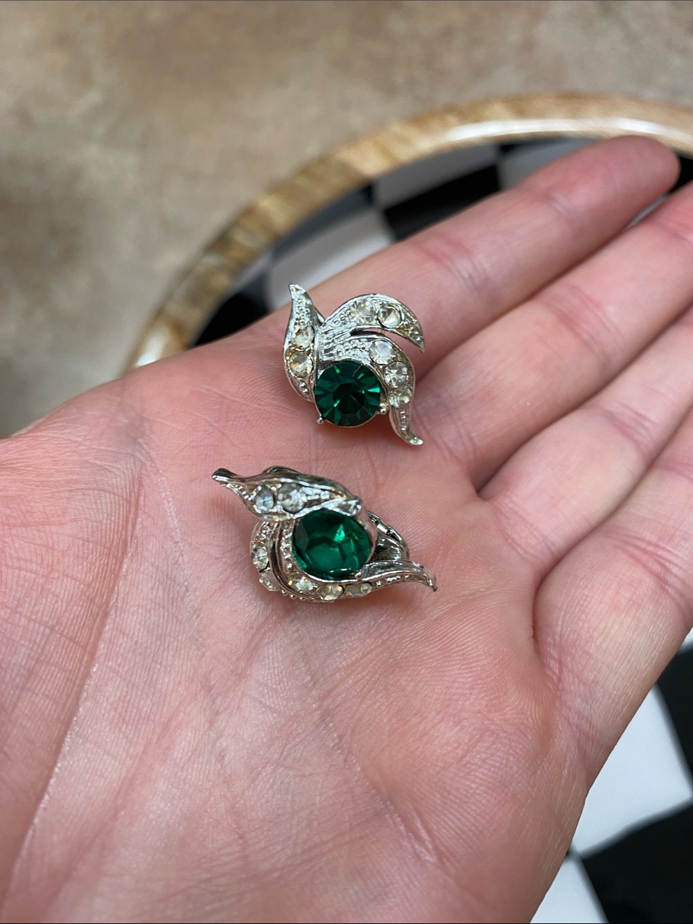 Vintage-Style Silver Clip-On Earrings with Emerald Green Crystals